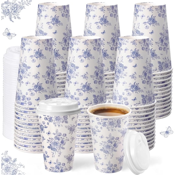 100 count Blue Floral Disposable Paper Cups with 120 12 oz Coffee Blue and White Beverage Coffee Cups for Spring Wedding Bridal Shower Party Shower