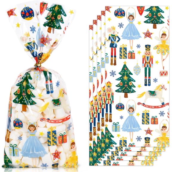 100 count Christmas Cellophane Bags with Twist Ties Xmas Tree Nutcracker Bag Plastic Candy Goodie Bags for Winter Birthday Shower Party Favors Supplies