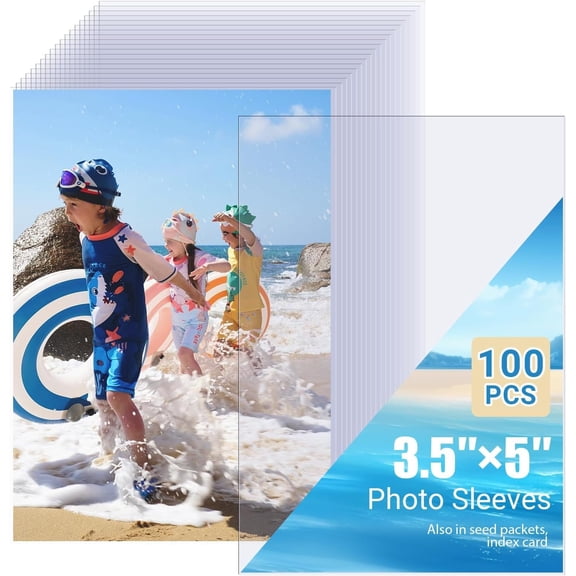 100 count Clear Photo Sleeves, Top Loading Acid-Free Plastic Sheet Protectors for Photos, Index Cards, Archival Safe, Water/dust Proof Storage, 3.5x5