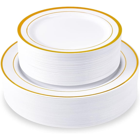 100 count Disposable  Plastic Party Plates, Including 50 10 Inch Dinner Plates and 50 7 Inch for Dessert,  for Parties, Weddings,  Use, and Thanksgiving