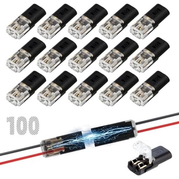 100 count Double Wire Plug in Connector, 2-Pin Low Wire Connectors with Locking Buckle, 2 Way Quick Wire Tap Connectors for LED Stripe Lights, No Wire Stripping
