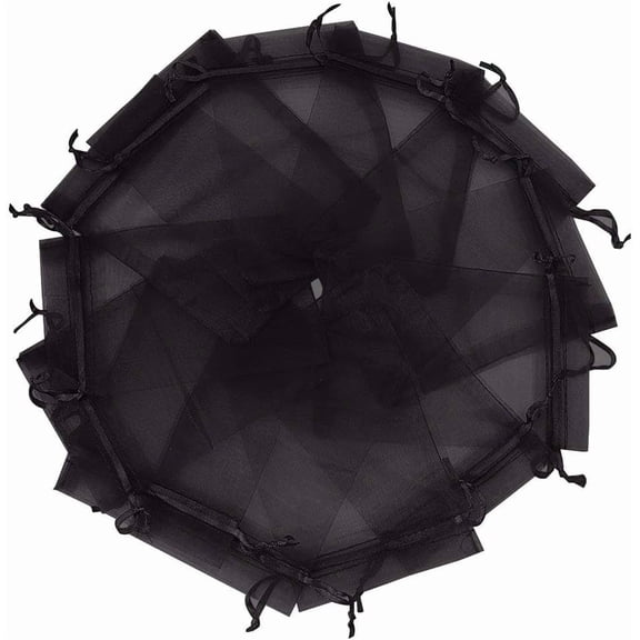 100 count Drawstring Organza Bags 5 Inch Black Transparent Pouches Shower Party Wedding Holidays Favor Seashell Candy Favor Bags(Black 5x7'')
