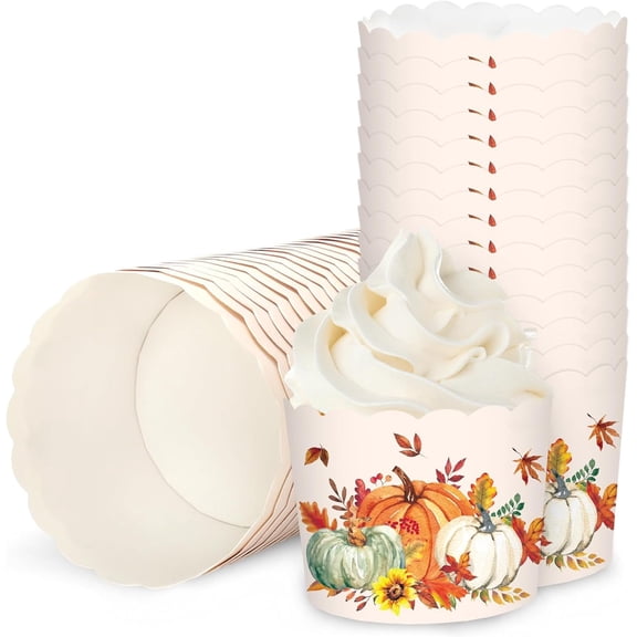 100 count Fall Baking Cups Watercolor Orange Green White Pumpkin Maple Leaf Wrappers Cupcake Muffin Cases for Thanksgiving Autumn Party