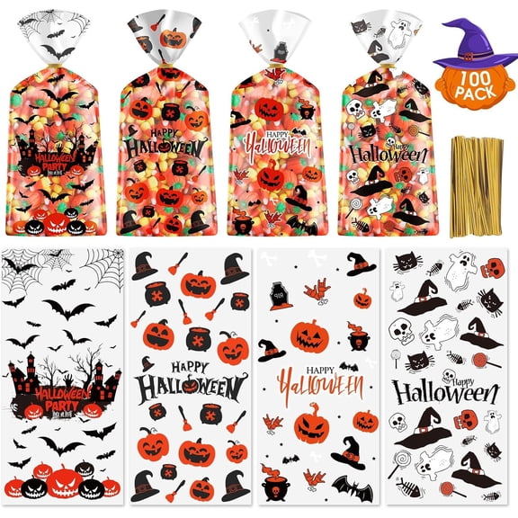 100 count Halloween Bags - Happy Halloweens Goodie Bag, Plastic Halloween Pumpkin Cellophane Bag Bulk, Clear Candy Bags with Twist Ties for Halloweens Party Supplies Favors Decorations