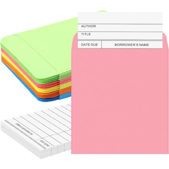 100 count Library Card Pockets with Checkout Cards,Colorful Pocket