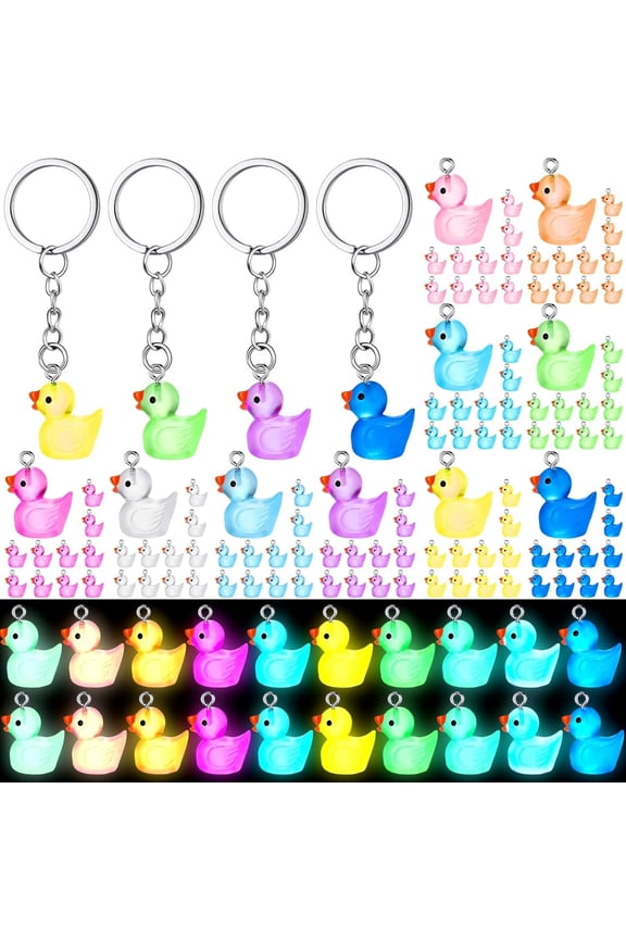 100 count Luminous Mini Duck Keychains Glow in The Dark Duck Key Chains Bulk Small Pendant for Christmas Party Gifts Birthday Favors (Transparent,Multicolor)