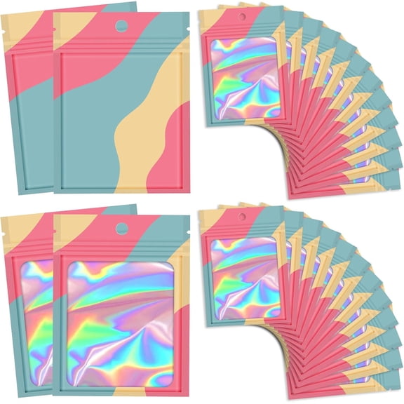 100 count Resealable Bags with Clear Window, Holographic Multicolored Packaging Bags Transparent Small Business Party Mylar Zip Bags 3.5 Inch Sample Bags