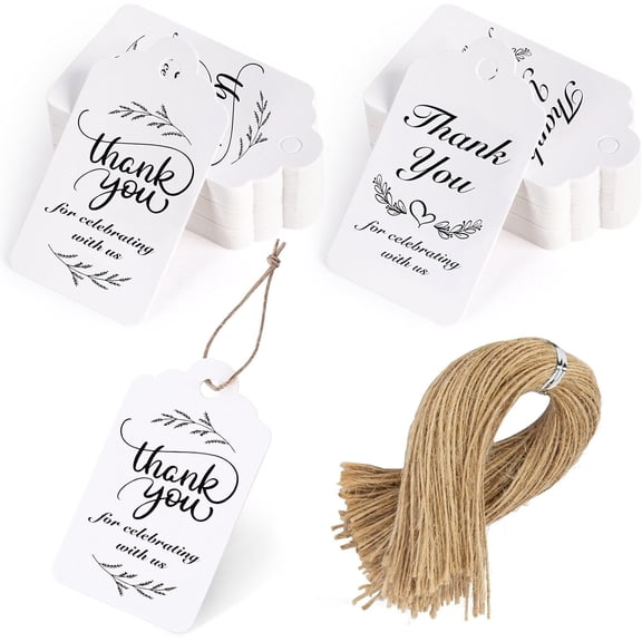 100 count Thank You Tags, 1.7 x 2.8 inch White Paper  Tags with Strings for Wedding Bridal Party  Shower Invitation