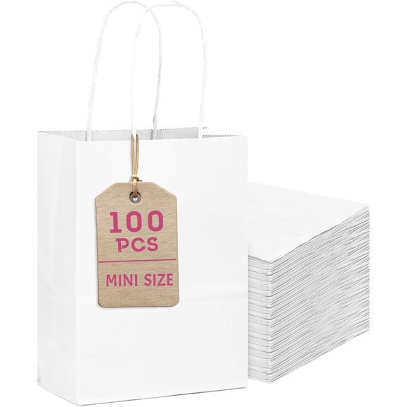 100 count White Mini Paper Bags with Handles 6"x4.5"x2.5" Party Favor Bags Multiple Uses (Mini size)