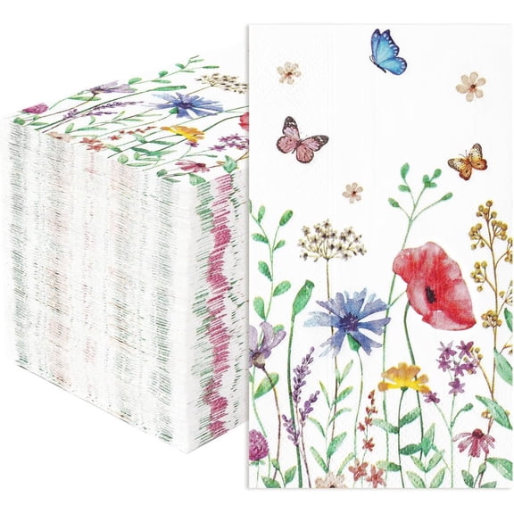 100 count Wildflower Floral Napkins 3 Ply Watercolor Colored Butterfly Flower Napkins Disposable Decorative Luncheon Napkins Guest Paper Hand Towels for Bathroom Spring Summer Wedding Bridal Shower