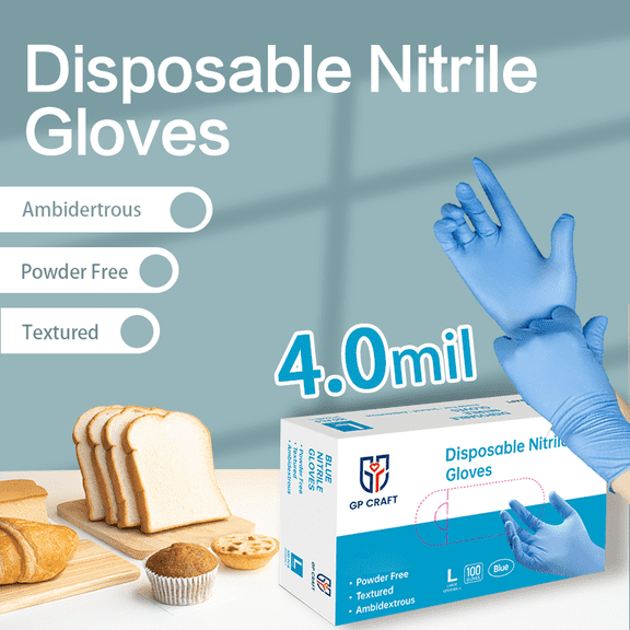 100-ct Box 4Mil Blue Nitrile Disposable Gloves Latex-Free, Powder-Free, Food-Safe For Outdoor Cleaning, Cooking, Food Prepping, Professional Protective Gloves