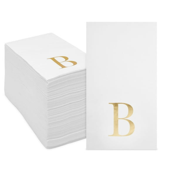 Sparkle and Bash 100 Pack Gold Foil Napkins - Initial Letter B White Monogram Paper for Wedding Reception and Table Decorations (4 x 8 In)