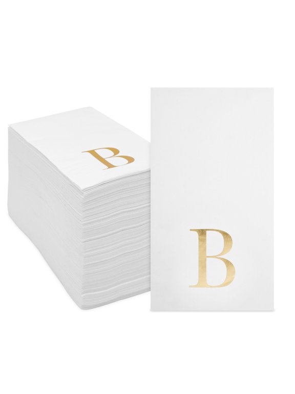 100 Pack Gold Foil Napkins - Initial Letter B White Monogram Paper for Wedding Reception and Table Decorations (4 x 8 In)