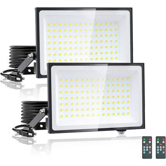 100 dawn to dusk outdoor floodlight with timer, 9000 adjustable brightness work light, IP66 waterproof safety light with plug, suitable for yard 2 pack
