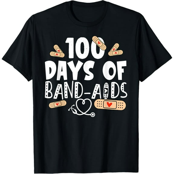 100 days of Band-aids - School Nurse 100 days of school T-Shirt Casual Short Sleeve Shirt