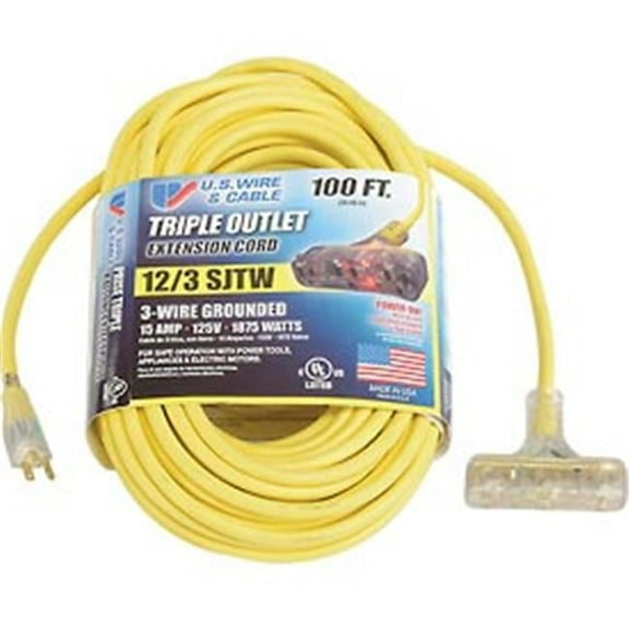 100 ft. 1.67 SJTW-A Power-Block Extension - Yellow - Round - 300V - Illuminated Plug