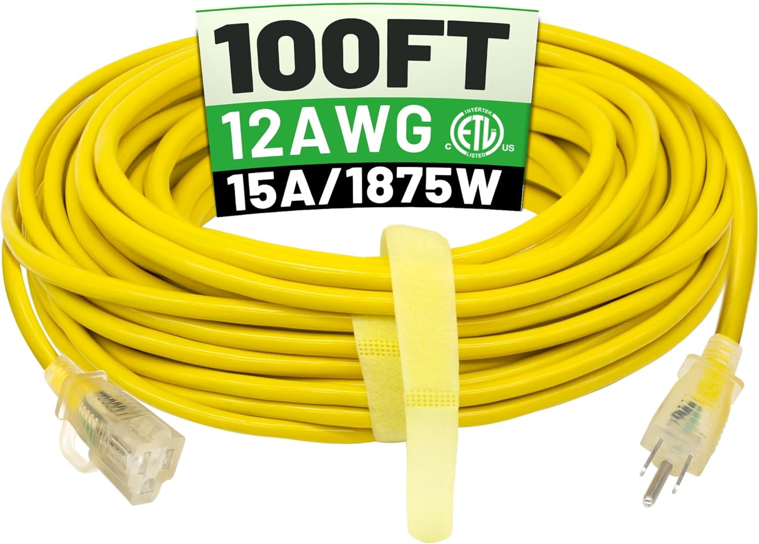 Unbranded Outdoor Extension Cord Waterproof SJTW - 100 Ft, 12/3 Gauge, Yellow, 15A