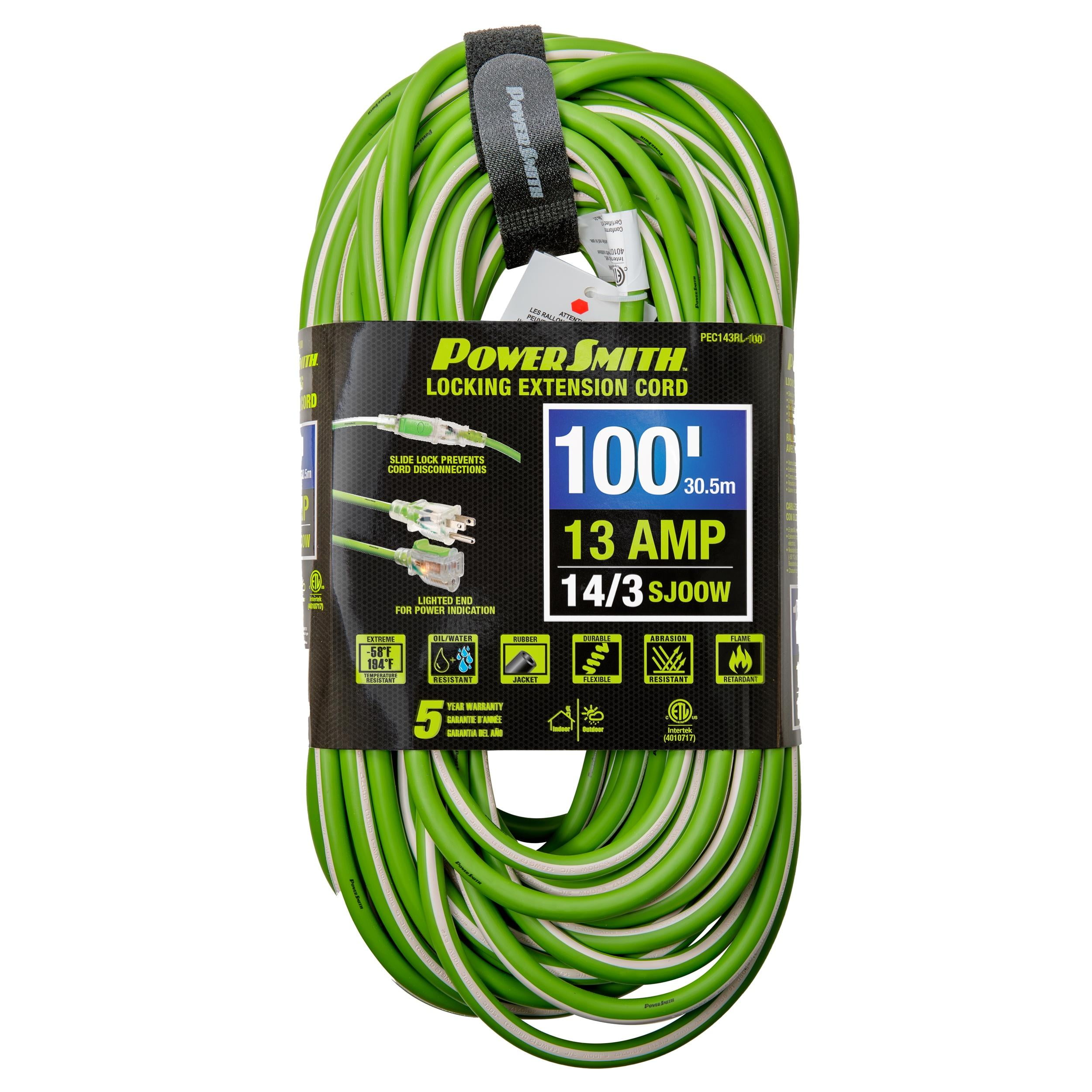 100 ft. 14/3 Super Premium Medium Duty Extension Cord, Lighted, Locking, Flexible Rubber Jacket, -58F to 194F, Green