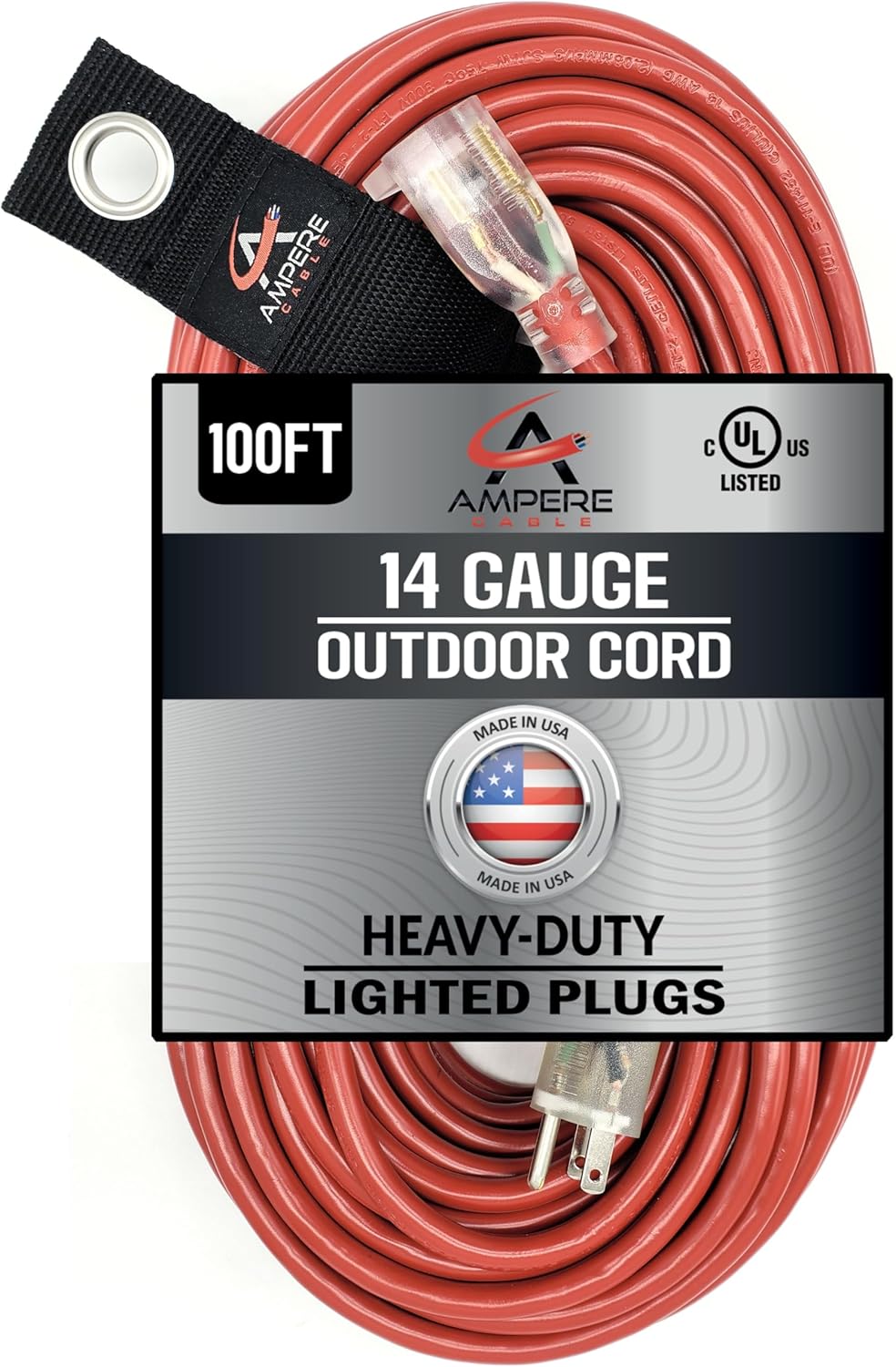 100 ft 14 Gauge Extension Cord Outdoor Made in USA Lighted on