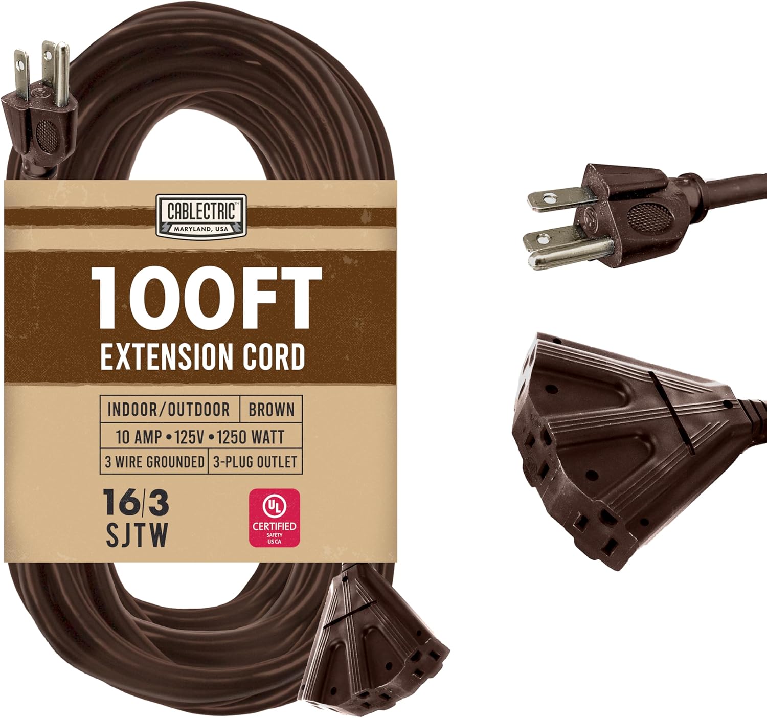 100 ft Brown Outdoor Extension Cord 3 Outlet 16/3 SJTW Weatherproof