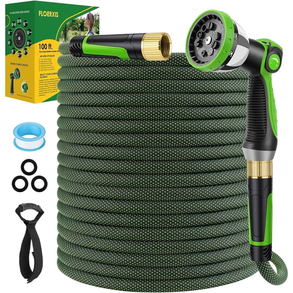 100 ft Green Garden Hose with 10-Function Spray Nozzle, Kink-Free Flexible Design, Leak-Proof 360    Swivel Connectors, and Portable Storage Strap