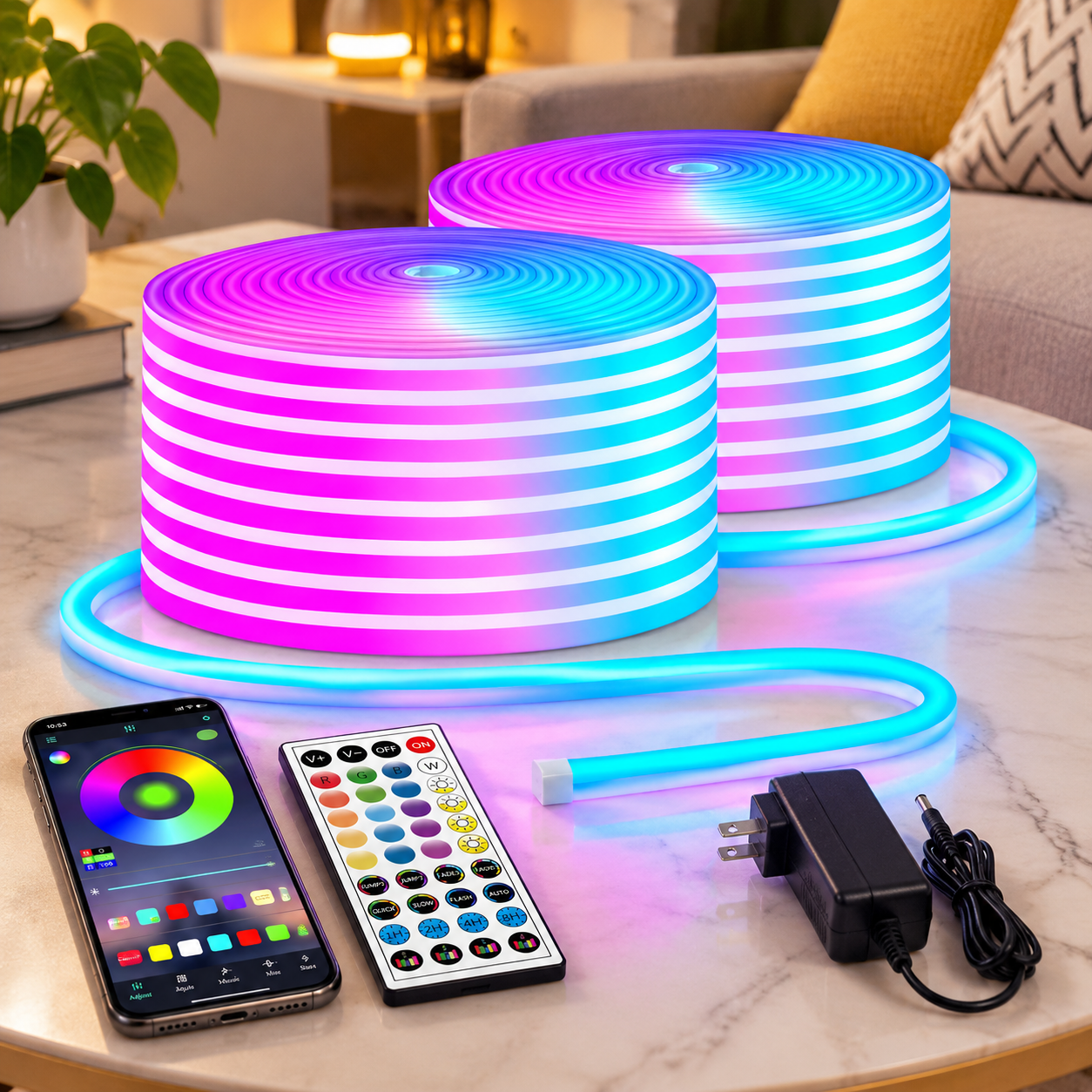 100 ft LED Neon Rope Lights, Flexible Strip with Remote, App Control ...