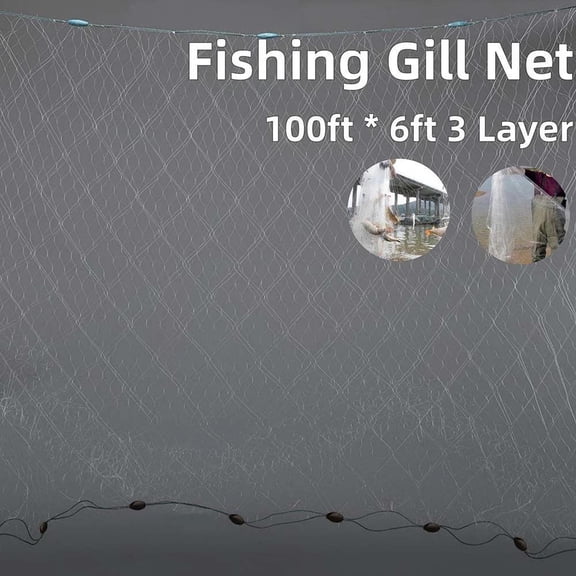 100 ft Length 6 ft Depth Fishing Net 3 Layer Nylon Trap with Floats Gill Net New