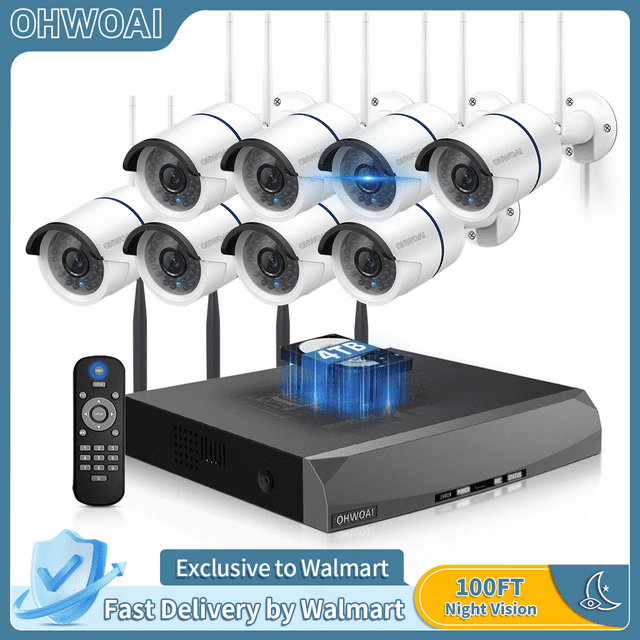 《100 ft Night Vision  & Dual Antennas》OHWOAI 3MP Wireless Outdoor Security Camera System with NVR.