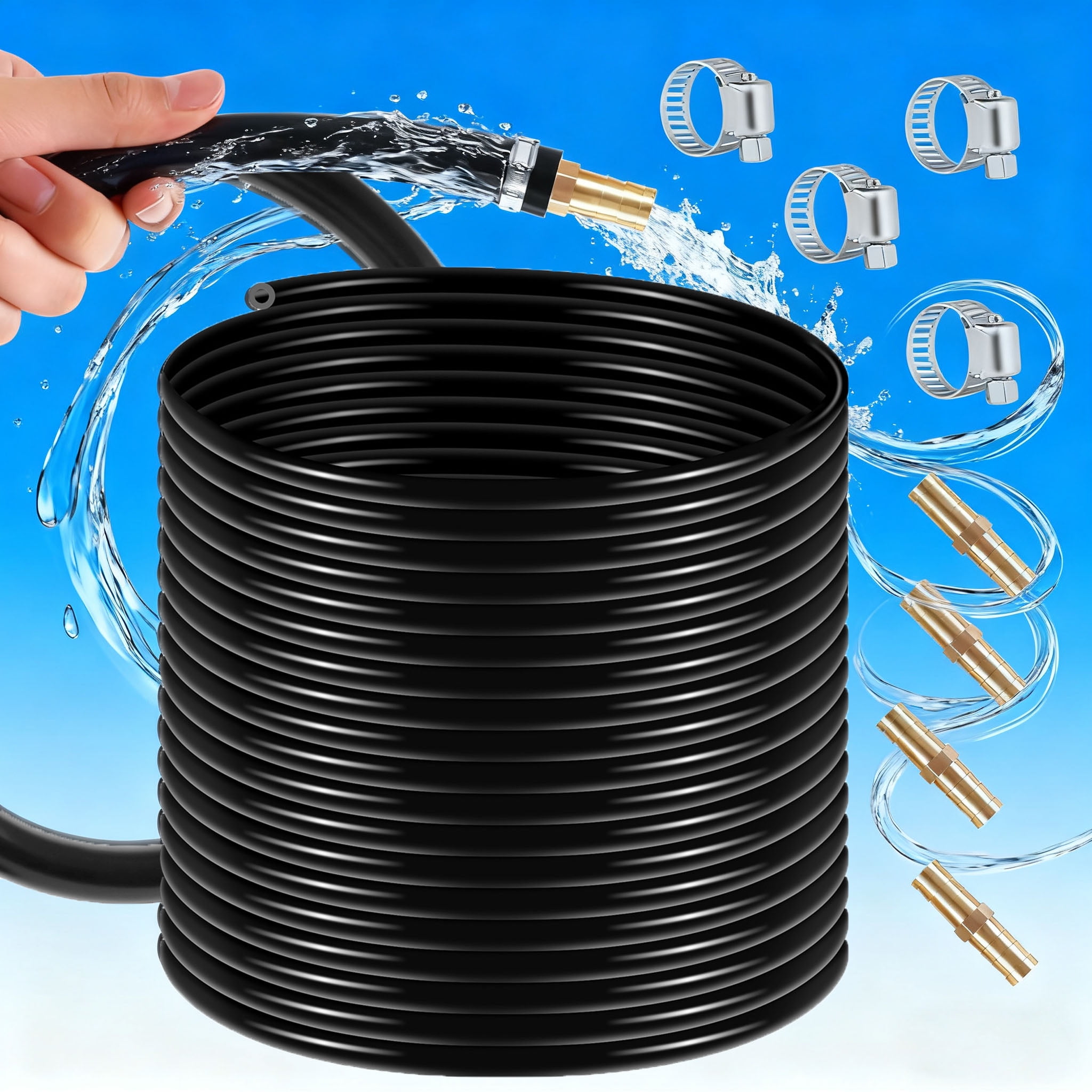 100 ft Pond Aerator Hose, 3/8 Inch Soaker Hose, Underground Water Line with 4 Hose Clamps & Menders for Garden Ponds, Landscape Water Systems