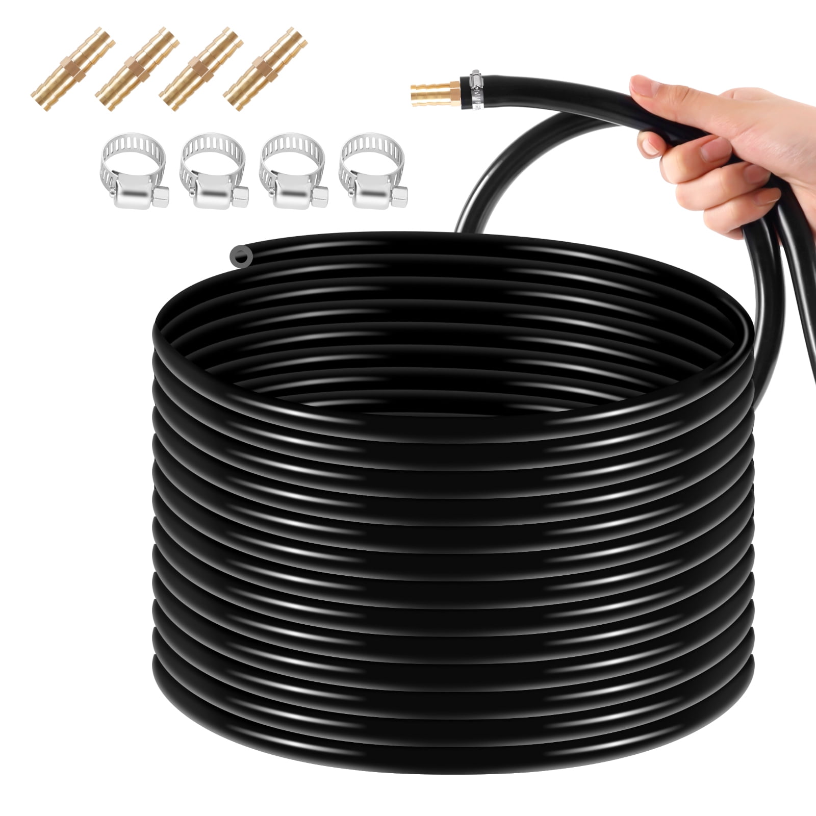 100 ft Pond Aerator Hose, 3/8 Inch Sprinkler Soaker Hose, Air Line Tubing Aquarium with 4 Stainless Steel Hose Clamps and 4 Copper Menders for Indoor Ponds, Aquariums