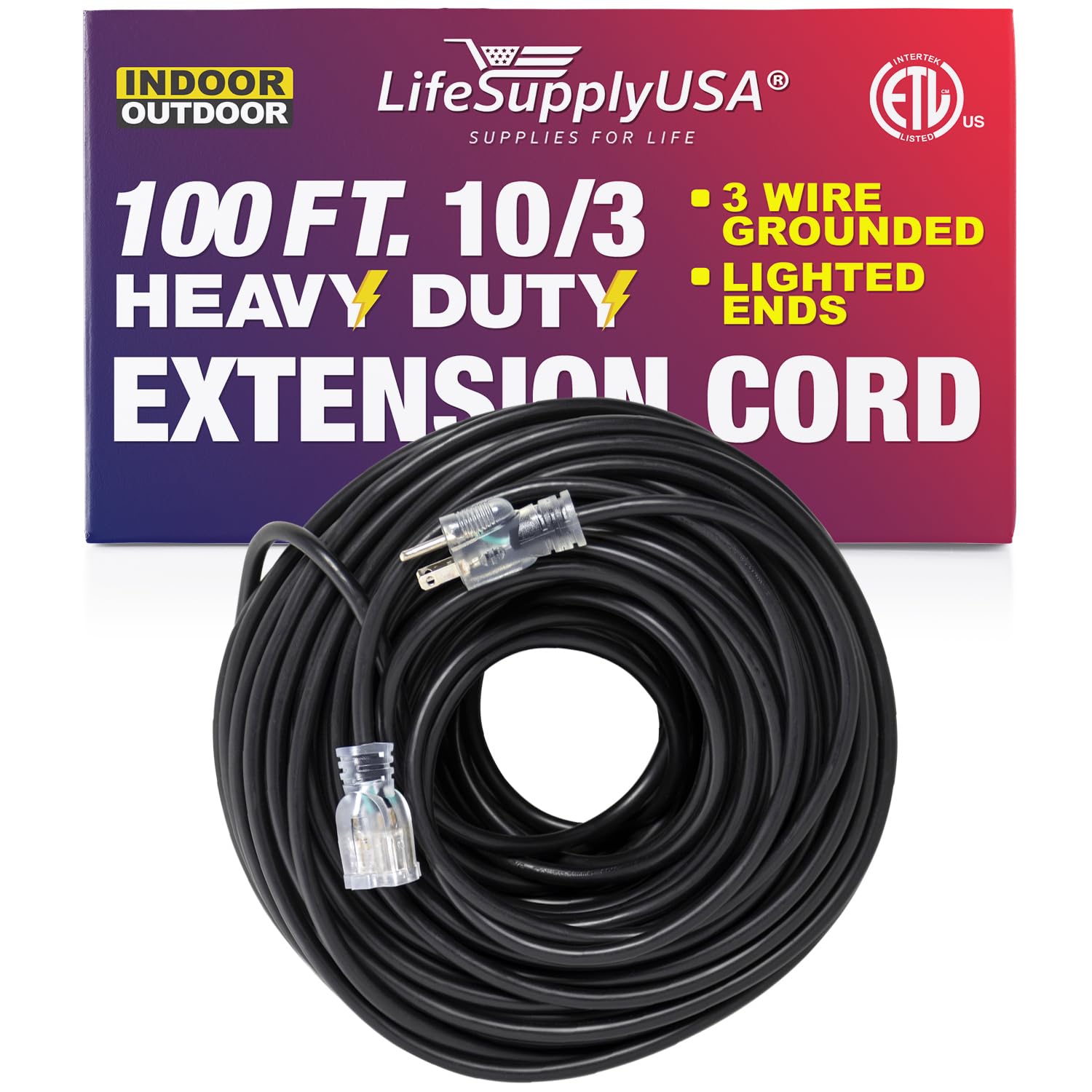 100 ft Power Extension Cord Outdoor  Indoor Heavy Duty 10 gauge/3 prong  SJTW (Black) Lighted end Extra Durability 15 AMP 125 Volts 1875 Watts ETL  listed by LifeSupplyUSA