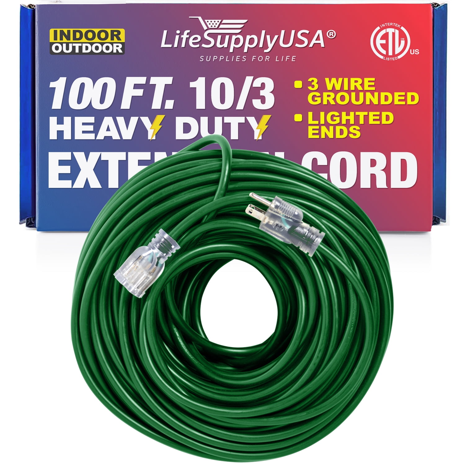 100 ft Power Extension Cord Outdoor & Indoor Heavy Duty 10 gauge/3 prong SJTW (Green) Lighted