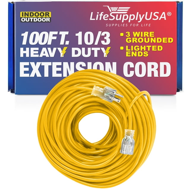 100 ft Power Extension Cord Outdoor & Indoor Heavy Duty 10 gauge/3 prong SJTW (Yellow) Lighted