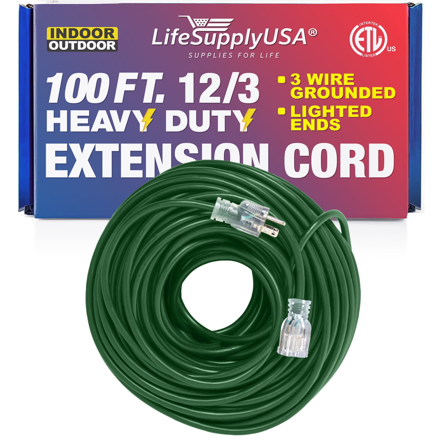 100 ft Power Extension Cord Outdoor & Indoor Heavy Duty 12 gauge/3