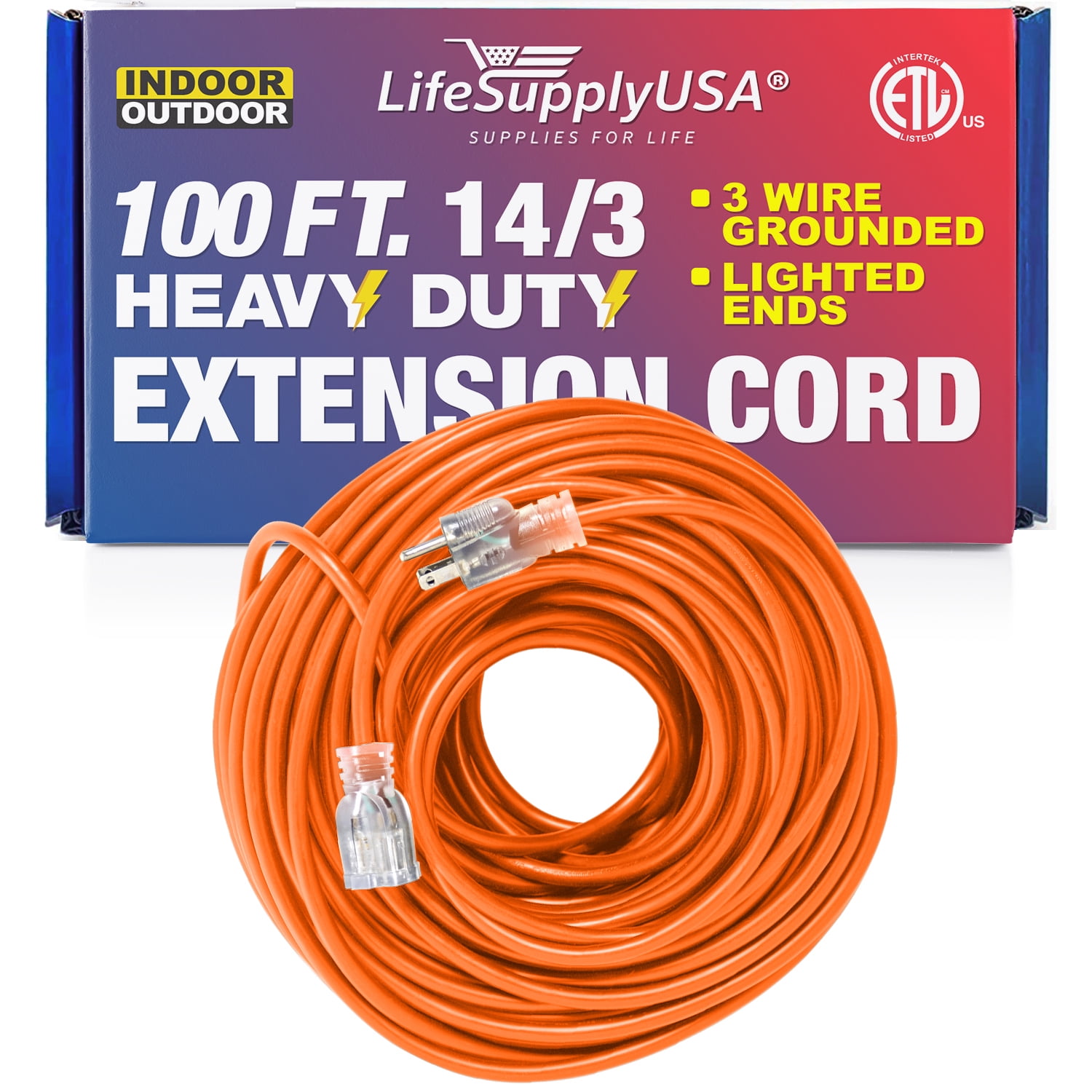 100 ft Power Extension Cord Outdoor & Indoor Heavy Duty 14 gauge/3