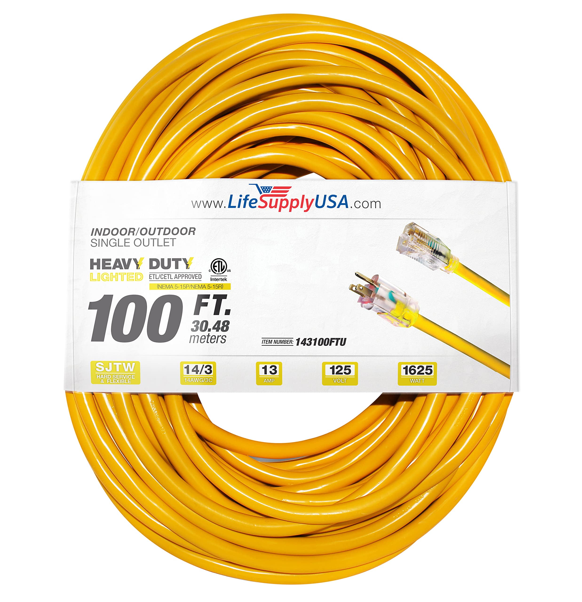 100 ft Power Extension Cord Outdoor  Indoor Heavy Duty 14 gauge/3 prong  SJTW (Yellow) Lighted end Extra Durability 13 AMP 125 Volts 1625 Watts ETL  listed by LifeSupplyUSA