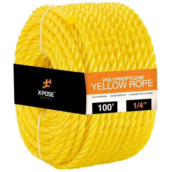 100 ft Twisted Polypropylene Rope - 1/4" - Yellow Floating Poly Pro Cord - Resistant to Oil, Moisture, Rot, Mold, Marine Growth and Chemicals - Reduced Slip, Easy Knot, Flexible - by Xpose Safety