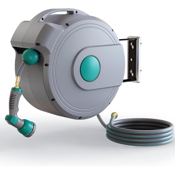100 ft x 1/2" Retractable Garden Hose Reel | All-weather Water Hose Reel Wall Mounted | Any Length Lock & 180Swivel, Water Hose with 10-Function Nozzle for Cleaning, Watering (Green)