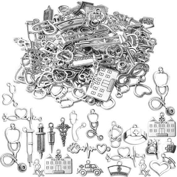 100g Antique Silver Medical Charms Crafts Supplies Alloy Hospital Charms Stethoscope Syringe Nurse Cap Hat Microscope Charm Pendants for Bracelet Necklace DIY Jewelry Making