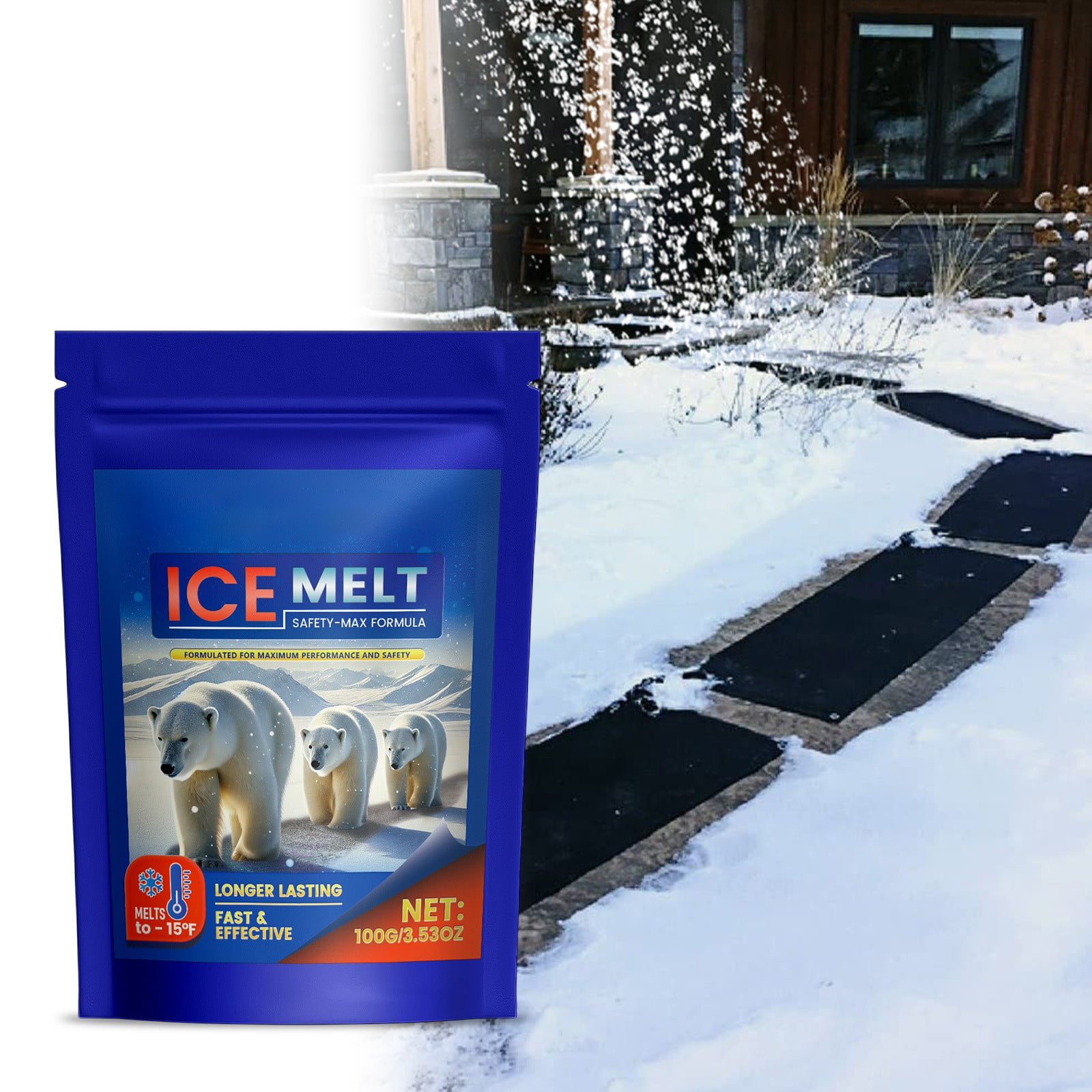 100 g Ice Melt Salt Safe for Concrete, Effective Snow Removal Up to -15F, Ideal for Sidewalks & Driveways