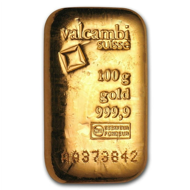100g Valcambi Gold Bar - Cast/Poured w/Assay, 3.215 oz Bullion