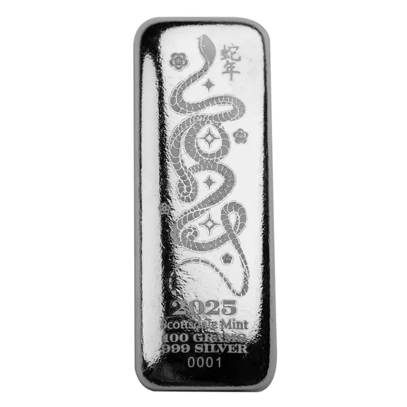100 gram Silver Bar - Lunar Year of the Snake .999 Fine Silver Bullion Bar