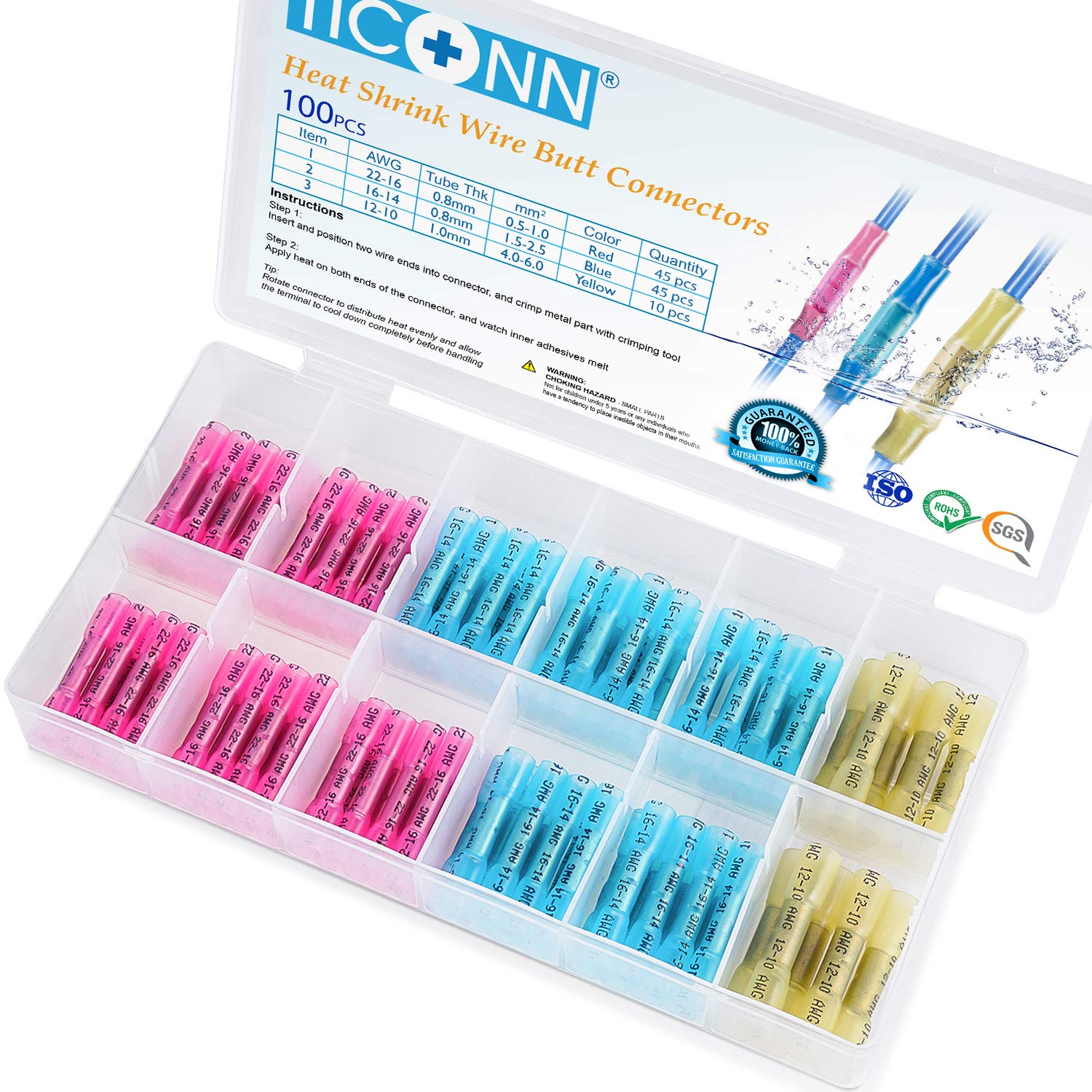 100 heat shrink end-to-end wire connector kit, insulated waterproof electrical cable crimp terminals end-to-end joint for ships, automobiles (100)