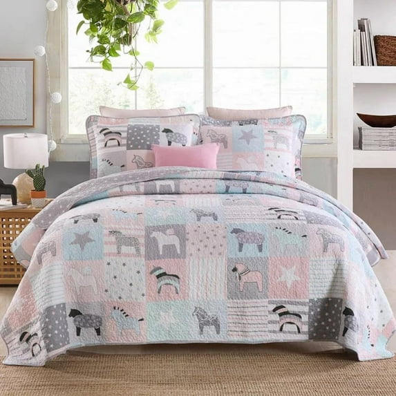 100% high-density Cotton Embroidered Quilt, Bedspread Comforter Set light weight cozy and soft. Queen, Pink/White
