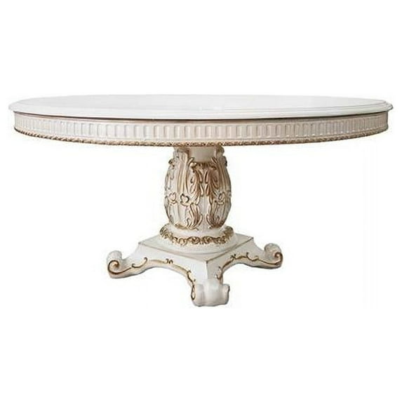 100 in. Raised Scroll Design Ornate Details Round Tabletop Dining Table, White
