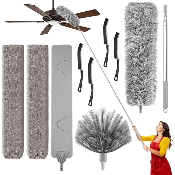 100-inch Duster with Extension Pole, 9-in-1 Cobweb Duster Kit Includes Spider Web Brush & Flat Gap Cleaner for High Ceiling, Fan, Under Appliances, Car, Home Deep Cleaning