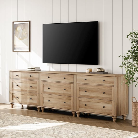 100 inch TV Stand with 9 Drawers, Wood TV Cabinet Entertainment Center for 75/80/85/90 Inch TVs, 3-in-1 Kids Dresser with 3 Drawers for Living Room or Bedroom, Oak