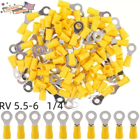 100 insulated Ring Terminal wire Connector Yellow 12-10 GA AWG Gauge 1/4 Hole
