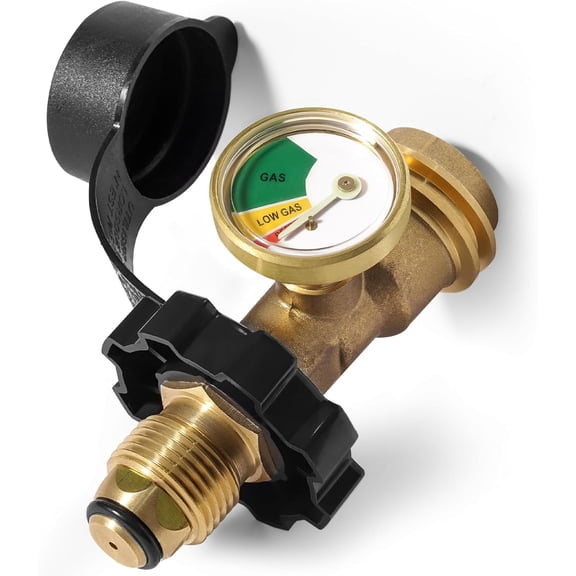 100 lb Propane Tank Adapter with Gauge, Universal Fit POL Propane Tank Gauge Converts POL Gas Tank Service Valve to QCC1 / Type 1, Old to New Connection Type, Solid Brass (1 Pack)