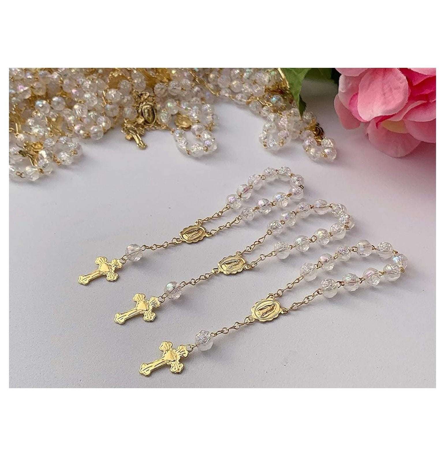 100 mini rosaries baptism favors wholesale Clear acrylic with AB finish/recuerdos para bautizo en color clar0 con terminado tornasol/Christening Favors/communion favors